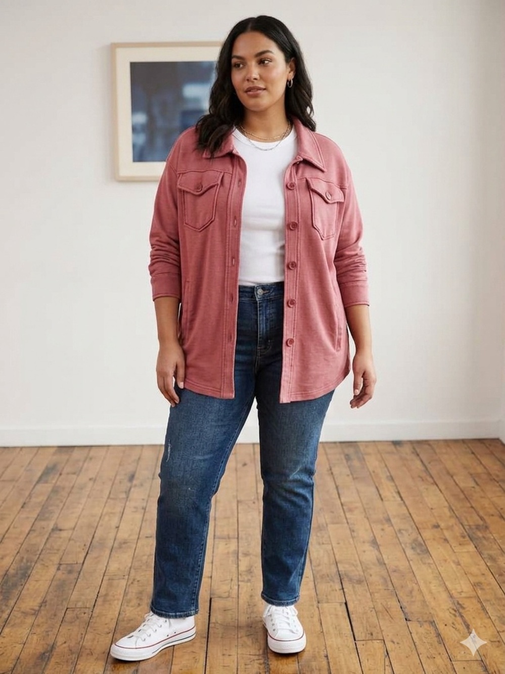 Bagatelle Raspberry French Terry Button down Shacket 1X